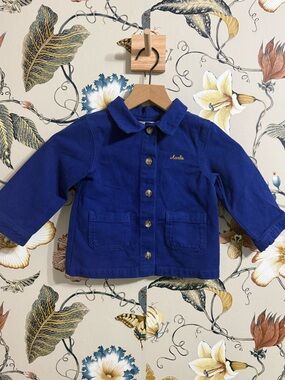 Sezane Royal Blue Button-Front Kids Jacket Charlie Name embroidered